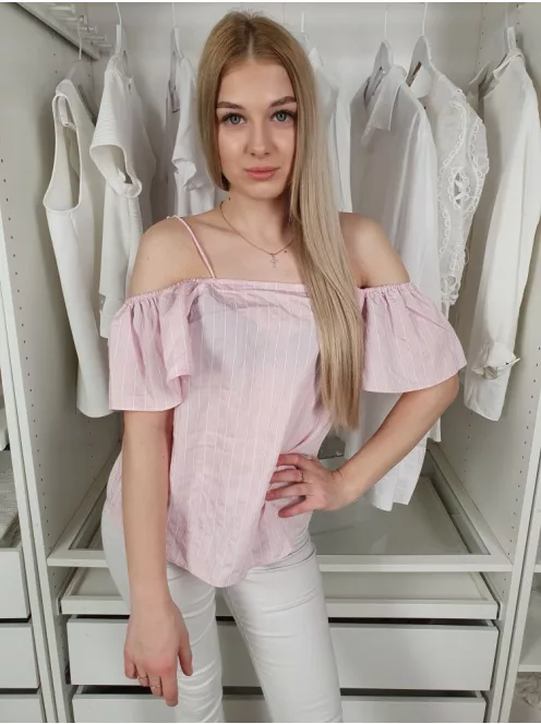 ÚJ H&M (S) Rózsaszín-Fehér Csíkos, Ejtett Vállú Pántos Felső
