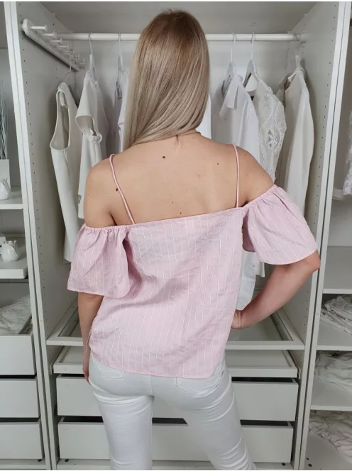 ÚJ H&M (S) Rózsaszín-Fehér Csíkos, Ejtett Vállú Pántos Felső