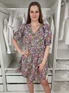 F&F (M) Fekete Színes Apró Virágos Buggyos Ujjú, Gumis Ujjvégű 100% Pamut Ruha