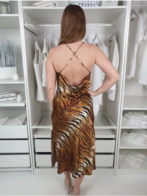 TopShop (M) Fekete-Barna-Fehér Tigriscsík-mintás Fényes Anyagú Ruha