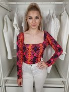  Boohoo (M) Narancs-Lila-Pink Kígyómintás, Kockakivágású Hátán Nyitott, Keresztpántos Body