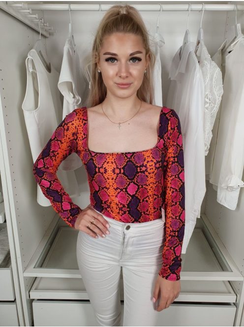  Boohoo (M) Narancs-Lila-Pink Kígyómintás, Kockakivágású Hátán Nyitott, Keresztpántos Body