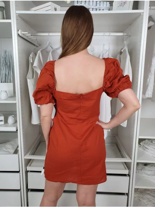 Pretty Little Thing (M) Téglabarna Buggyos Ujjú, Oldalt Kivágott Hátul Cipzáros, 88% Pamut és 12% Len Alapanyagú Ruha