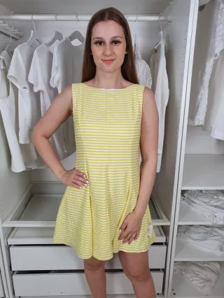 ZARA (M) Sárga Fehér Csíkos Hátul Cipzáros Ruha