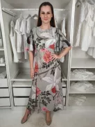 Justhype (M) Pasztellzöld Fehér-Rózsaszín Virágos Oldalt Sliccelt, Hátul Kivágott Ruha