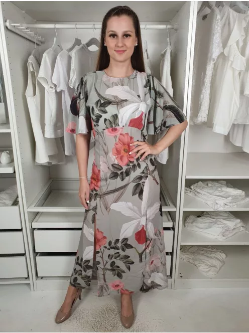 Justhype (M) Pasztellzöld Fehér-Rózsaszín Virágos Oldalt Sliccelt, Hátul Kivágott Ruha