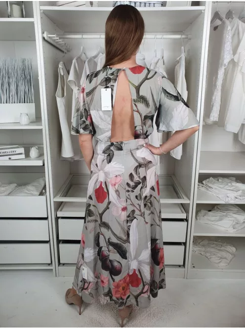 Justhype (M) Pasztellzöld Fehér-Rózsaszín Virágos Oldalt Sliccelt, Hátul Kivágott Ruha