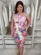 ÚJ Lipsy&Michelle Keegan (M) Fehér-Színes Mintás, Elől Anyagában Csíkos Hátul Cipzáras Ruha