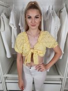 Boohoo (M) Sárga Lyukacsos Mintás, Pamut Elől Megötős, Fodros Szegélyű Felső