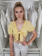 Boohoo (M) Sárga Lyukacsos Mintás, Pamut Elől Megötős, Fodros Szegélyű Felső