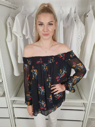   River Island (S) Fekete Virágos, Áttetsző Ejtett Gumis Vállú Felső