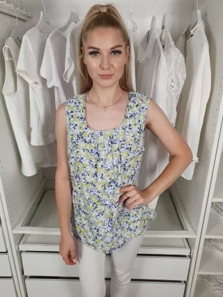   ÚJ Mountain Warehouse (S) Világoskék Sárga-Kék Virágos Mellnél Díszhajtásos Felső