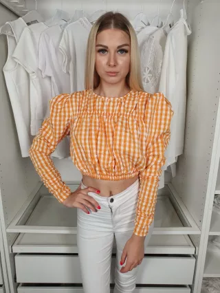  ÚJ ZARA (S) Fehér-Narancssárga Kockamintás, Gyűrt Anyagú Derékban Gumis, Rövidderekú Felső