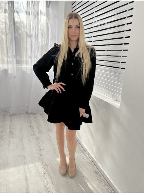 ZARA (S) Fekete Mellnél Gombos, Buggyos Vállú, Pamut Fodros Aljú Ruha