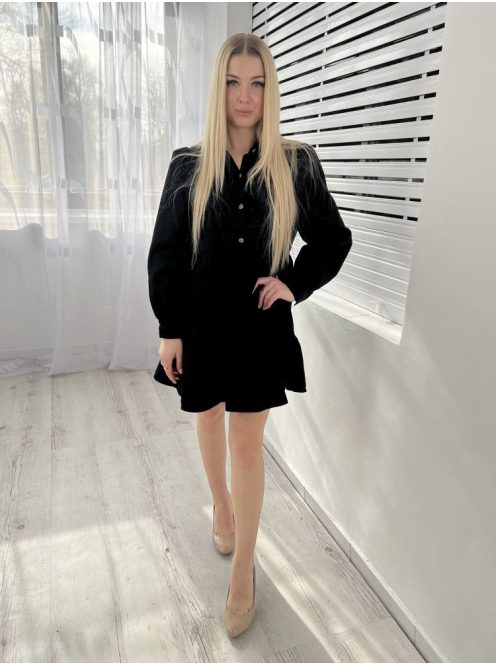 ZARA (S) Fekete Mellnél Gombos, Buggyos Vállú, Pamut Fodros Aljú Ruha