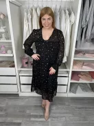 New Look (L) Fekete Fehér Csillagmintás, Mellnél Díszgombos Enyhén Áttetsző, Bélelt Ruha