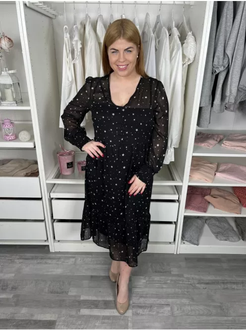 New Look (L) Fekete Fehér Csillagmintás, Mellnél Díszgombos Enyhén Áttetsző, Bélelt Ruha
