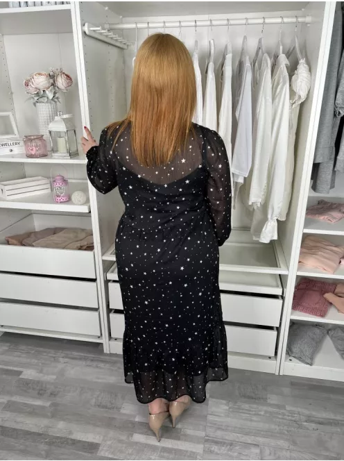 New Look (L) Fekete Fehér Csillagmintás, Mellnél Díszgombos Enyhén Áttetsző, Bélelt Ruha