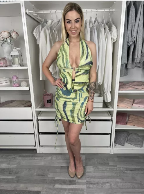 Pretty Little Things (M) Selyemcukor Zöld Mintás, Anyagában Csillogós Elől Mélykivágású, Díszkarikás, Oldalt Összehúzható Ruha