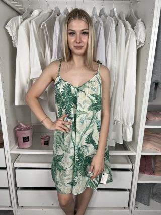   H&M (XS) Halványzöld Levélmintás, 100% Pamut Megköthető Pántú Ruha