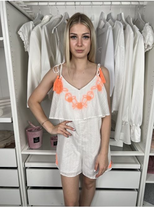  TopShop (S) Fehér Hímzett Mintás, Mellnél Dupla Anyagú 100% Pamut, Megköthető Pántú Overál