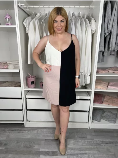 New Look (L) Fekete-Fehér-Púder Mintás, Pántos Mellbevarrásos Ruha