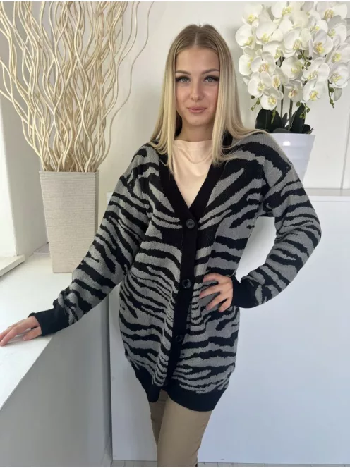 Shein (S) Szürke Fekete Elöl Végig Gombos Zebracsíkos Kardigán