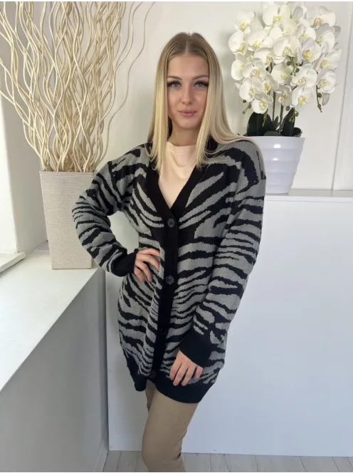 Shein (S) Szürke Fekete Elöl Végig Gombos Zebracsíkos Kardigán