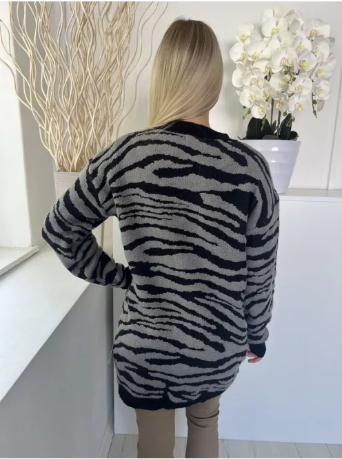 Shein (S) Szürke Fekete Elöl Végig Gombos Zebracsíkos Kardigán