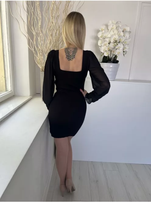 Love Always (M) Fekete Bordázott Anyagú Ujja Áttetsző Ruha