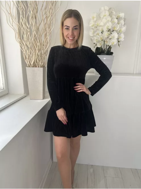 Shein (M) Fekete Tükörbársony Anyagában Bordázott, Kereknyakú Ruha