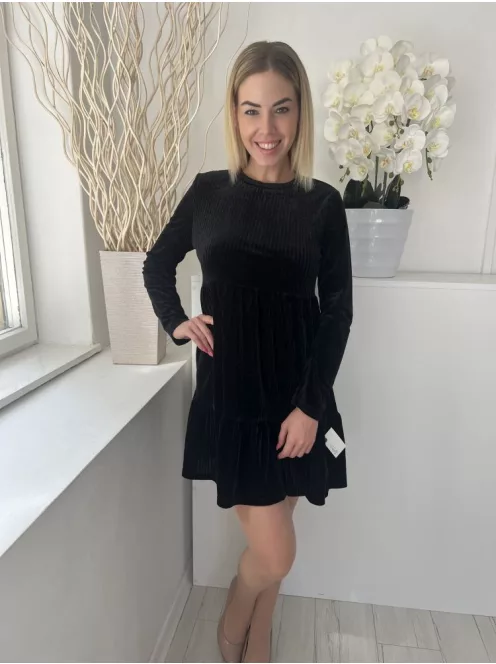 Shein (M) Fekete Tükörbársony Anyagában Bordázott, Kereknyakú Ruha