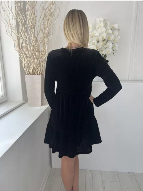 Shein (M) Fekete Tükörbársony Anyagában Bordázott, Kereknyakú Ruha