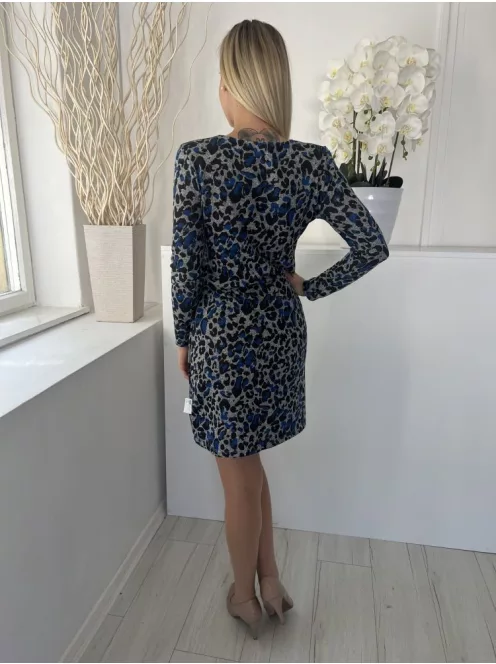 M&Co (M) Szürke Kék Foltmintás, Gépikötött Vállán Díszfűzős Ruha