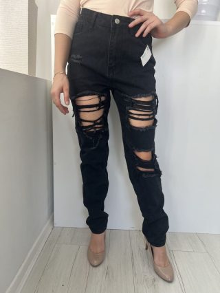   Shein (S) Fekete Farmer, Szaggatott Gombos, Zsebes, Cipzáros Nadrág