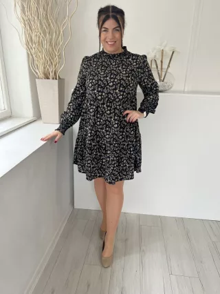   QED London (M) Fekete Barna Foltmintás, Fodros Nyakú Derékban Szabott Ruha