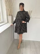 QED London (M) Fekete Barna Foltmintás, Fodros Nyakú Derékban Szabott Ruha