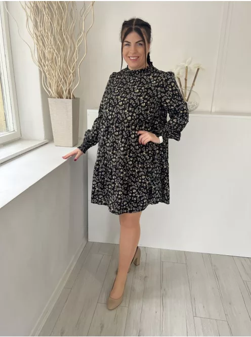 QED London (M) Fekete Barna Foltmintás, Fodros Nyakú Derékban Szabott Ruha