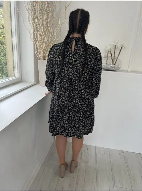 QED London (M) Fekete Barna Foltmintás, Fodros Nyakú Derékban Szabott Ruha