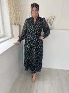 Gallery (M) Fekete Csillogó Ezüst Csillagmintás Elől Végig Gombos, Enyhén Áttetsző, Bélelt Ruha