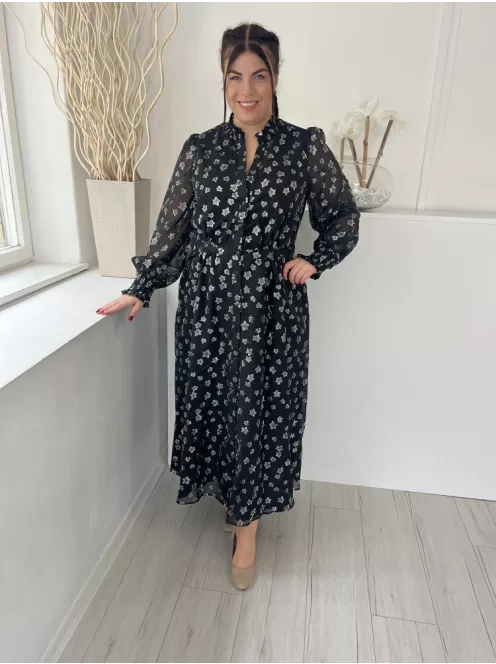 Gallery (M) Fekete Csillogó Ezüst Csillagmintás Elől Végig Gombos, Enyhén Áttetsző, Bélelt Ruha