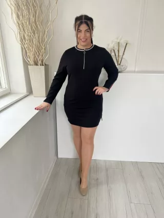 (M) Fekete Mellnél Cipzáros Ujján Díszcsíkos Ruha