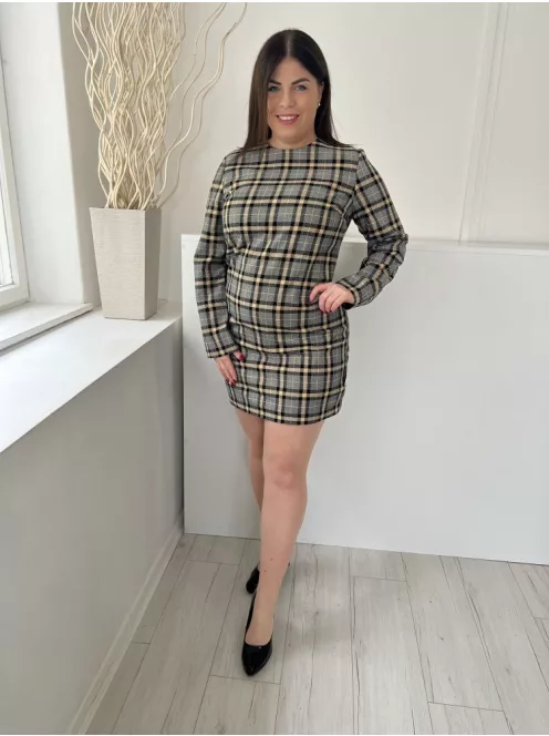 H&M (M) Szürke Barna-Fekete Kockás, Hátul Cipzáros Bélelt, Kerek Nyakú Ruha