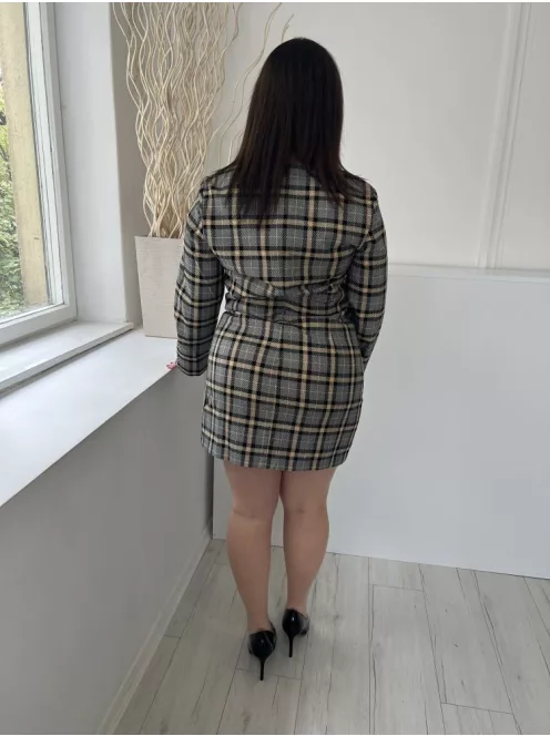 H&M (M) Szürke Barna-Fekete Kockás, Hátul Cipzáros Bélelt, Kerek Nyakú Ruha