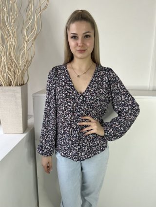   Only (S) Sötétkék Színes Apró Virágos, Elől Végig Gombos Buggyos Ujjú Felső