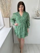 ÚJIn The Style (L) Zöld Fehér Apró Virágos, Pöttyös Mellnél Átlapolt, Fodros Ujjvégű és Aljú Ruha