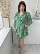 ÚJIn The Style (L) Zöld Fehér Apró Virágos, Pöttyös Mellnél Átlapolt, Fodros Ujjvégű és Aljú Ruha
