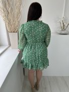 ÚJIn The Style (L) Zöld Fehér Apró Virágos, Pöttyös Mellnél Átlapolt, Fodros Ujjvégű és Aljú Ruha