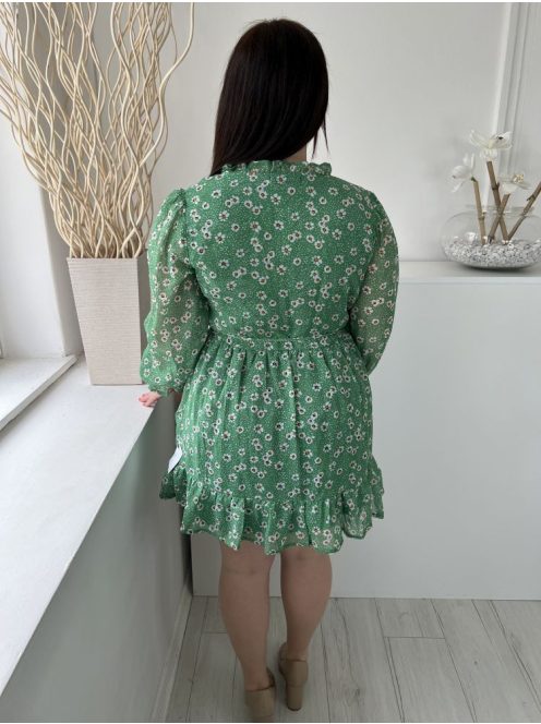 ÚJIn The Style (L) Zöld Fehér Apró Virágos, Pöttyös Mellnél Átlapolt, Fodros Ujjvégű és Aljú Ruha