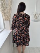 New Look (L) Fekete Virágmintás, Fodros Aljú Kerek Nyakú, Gumis Ujjvégű Ruha